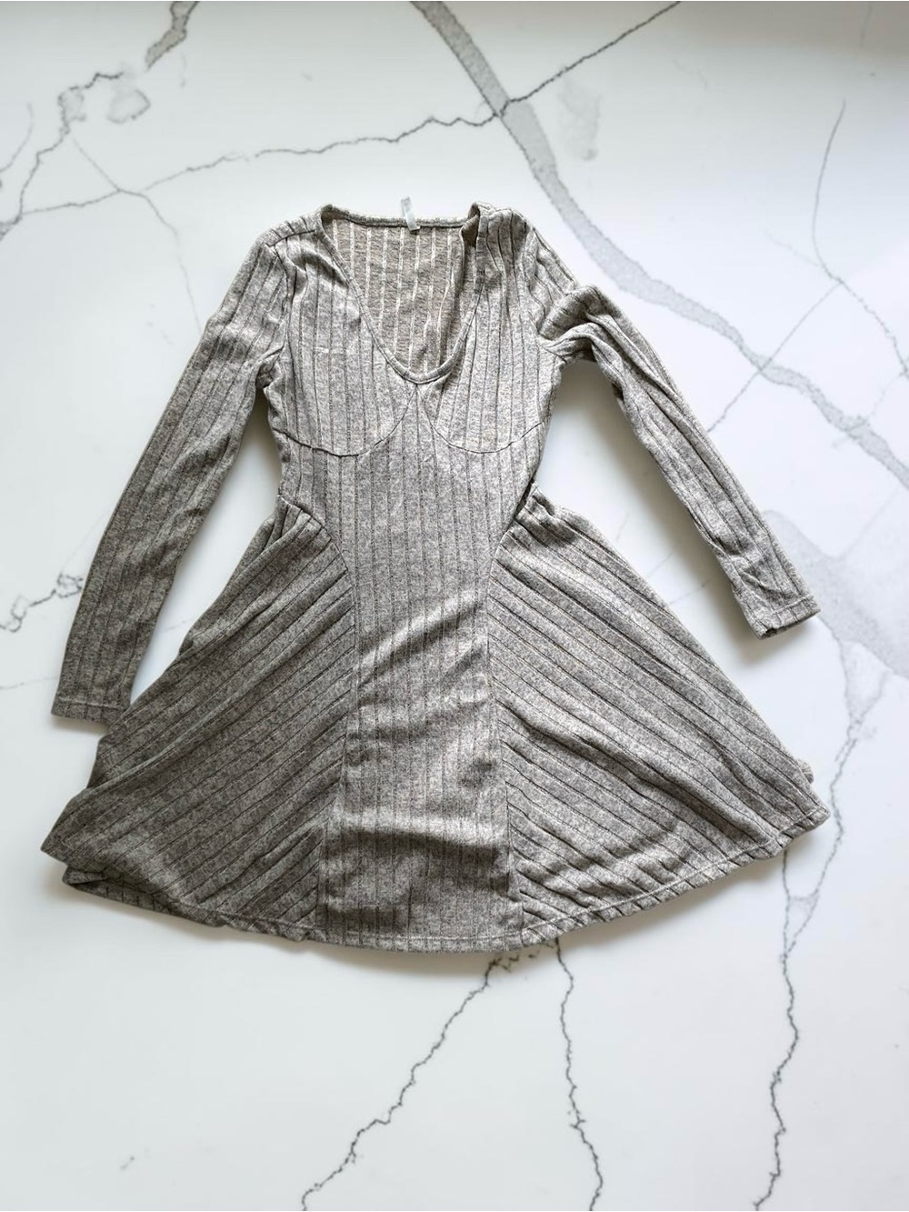 HALARA Ribbed Long Sleeve Fit-and-Flare Dress in Heathered Oat